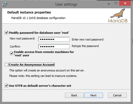 setting mariadb database password