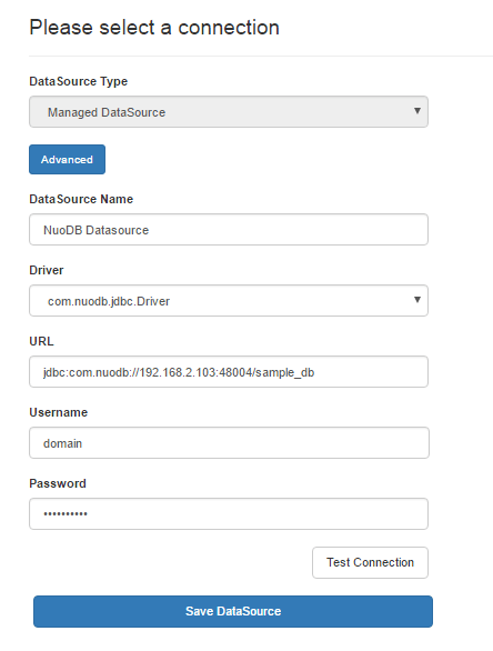 NuoDB Managed Datasoure Creation