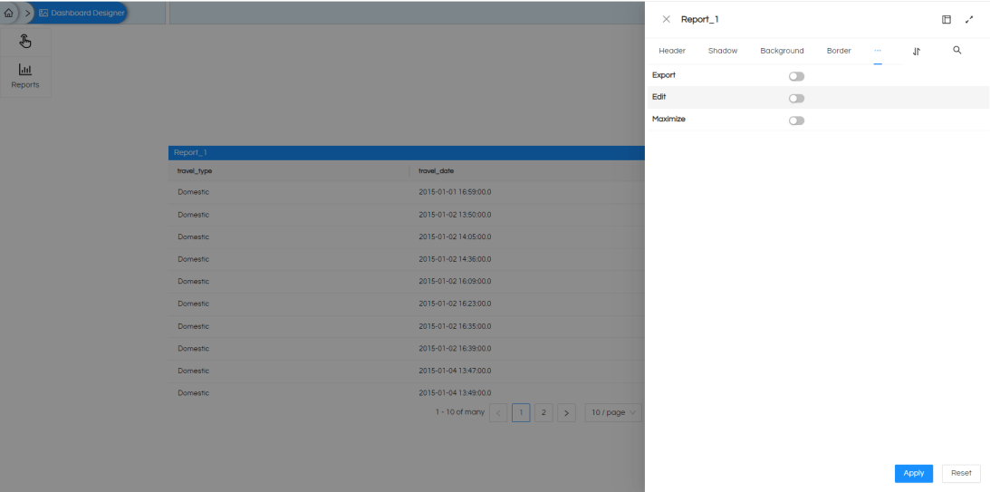 Enabling the export options into Excel and CSV at panels in Dashboard