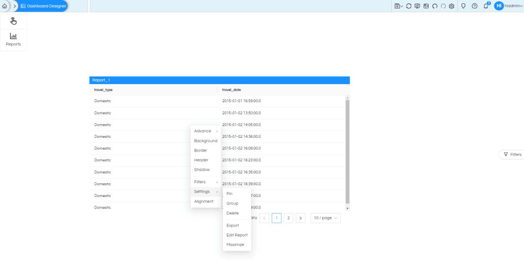 Enabling the export options into Excel and CSV at panels in Dashboard