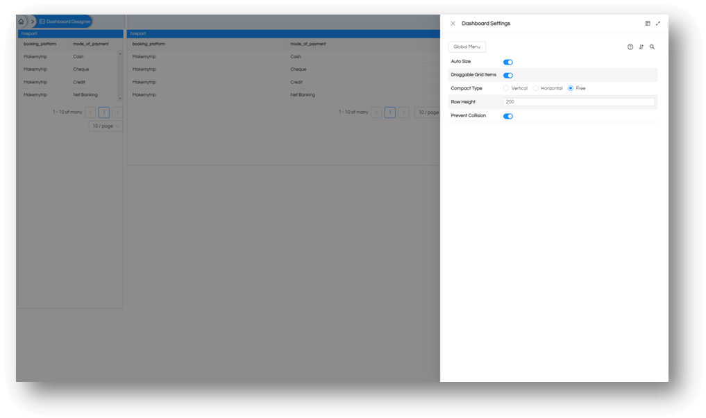 Grid Settings on Dashboard