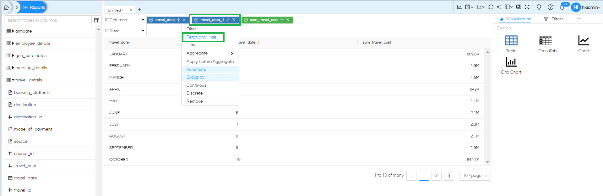 Usage Of Fetch and Hide Column In Helical Insight