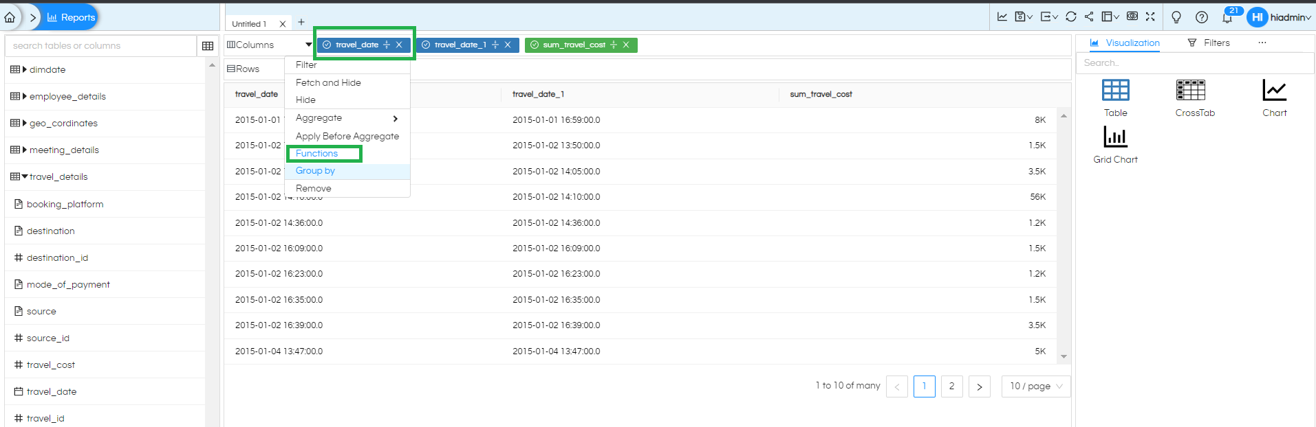 Usage Of Fetch and Hide Column In Helical Insight