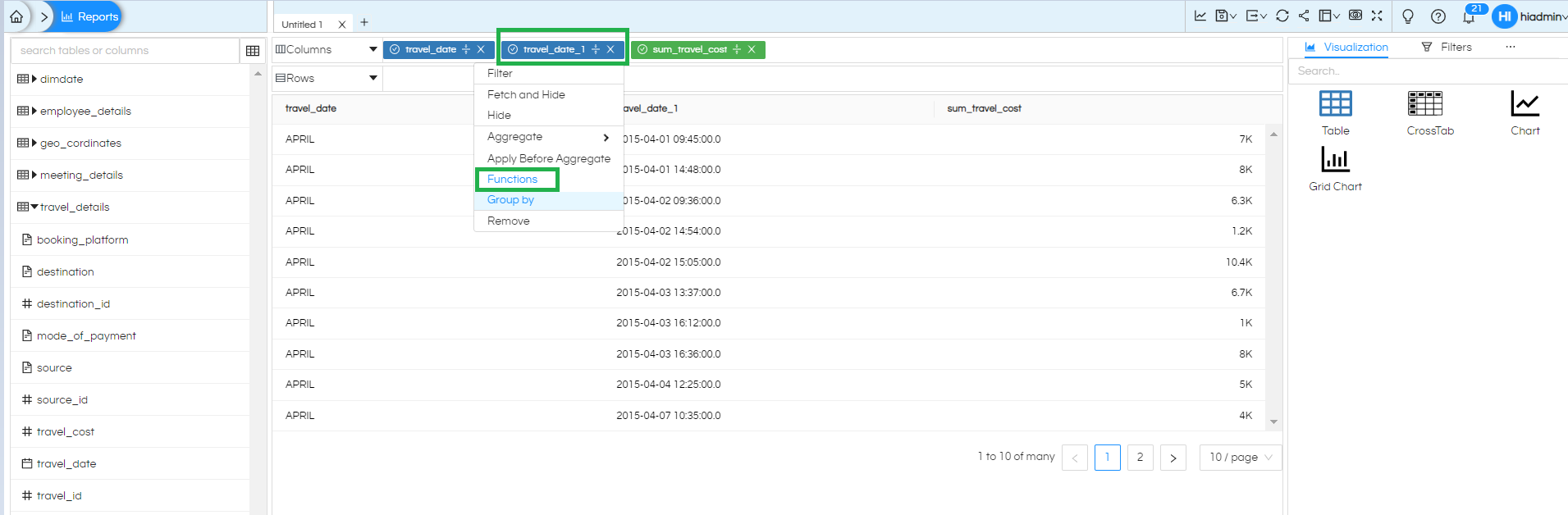 Usage Of Fetch and Hide Column In Helical Insight