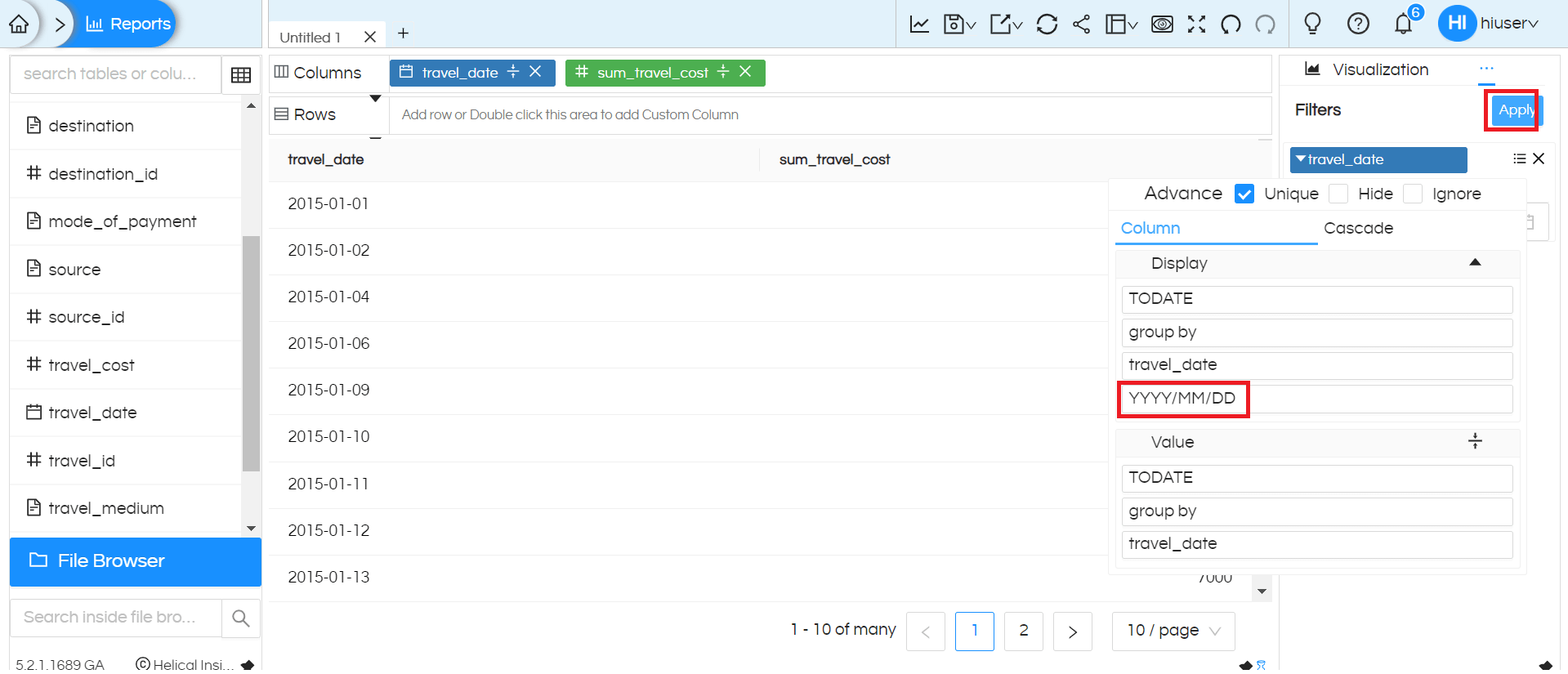 Date/Date Time Usage as Filters In Helical Insight