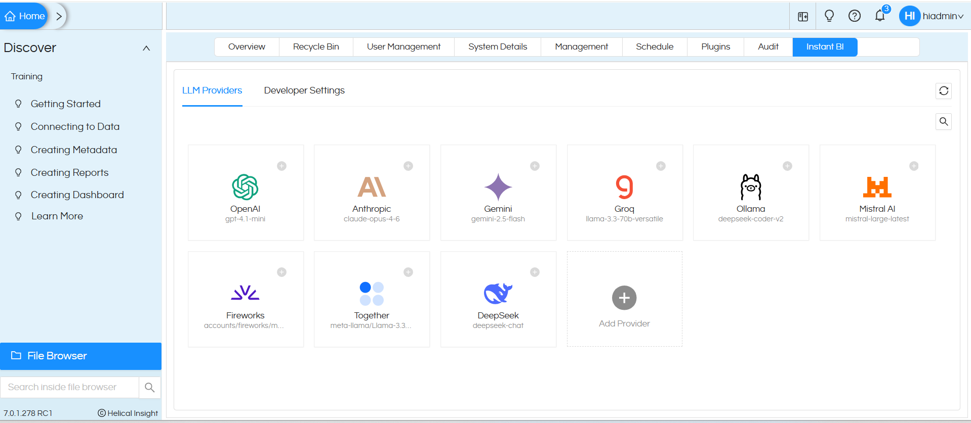 Connect a Local self hosted LLM via Ollama LLM to Instant BI AI module of open source BI Helical Insight