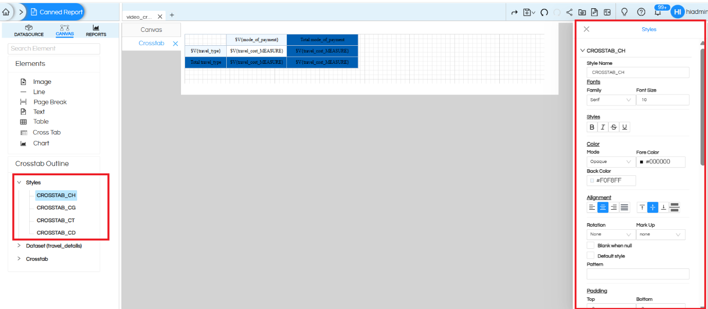 Usage of Crosstab Component in canned Reporting