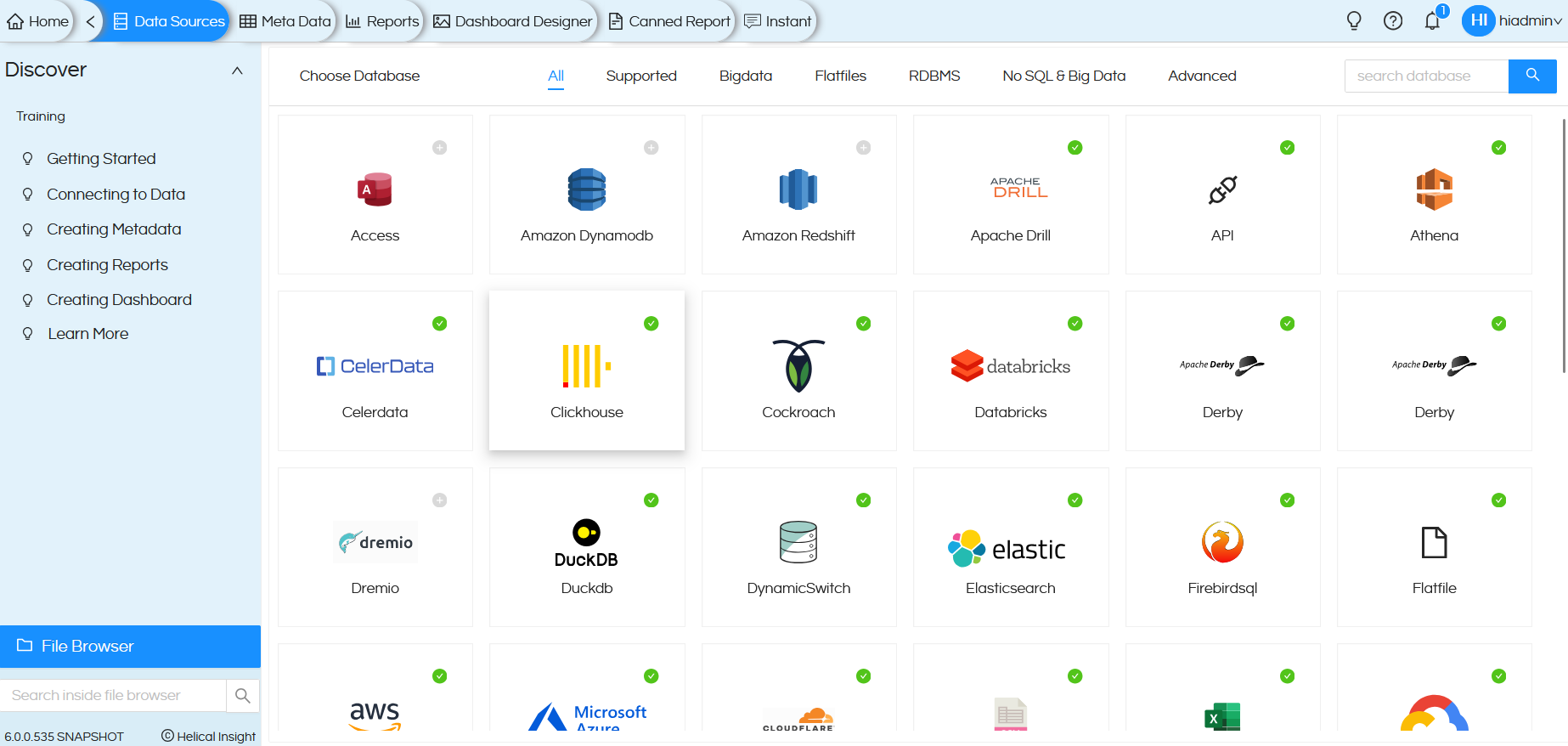 Data Sources Page Overview in Canned Reporting