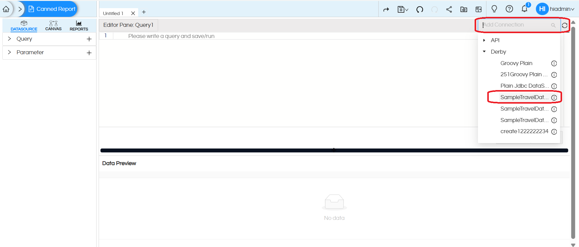 Data Sources Page Overview in Canned Reporting
