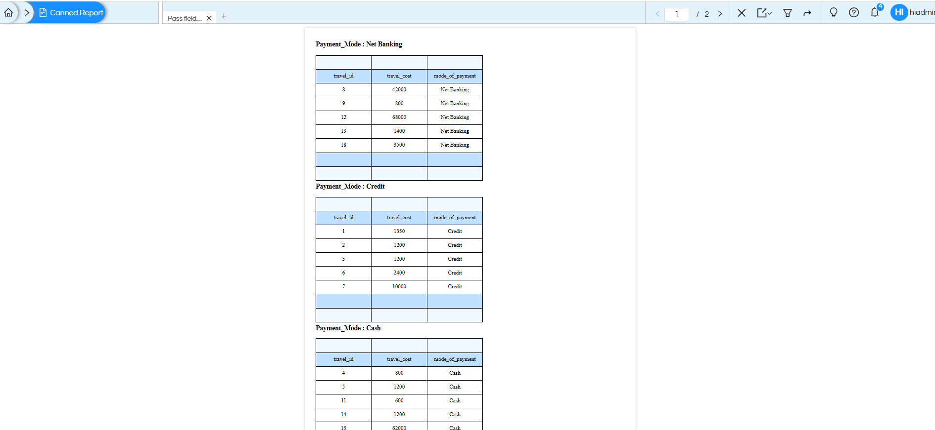 Usage of Table Component in canned Reporting