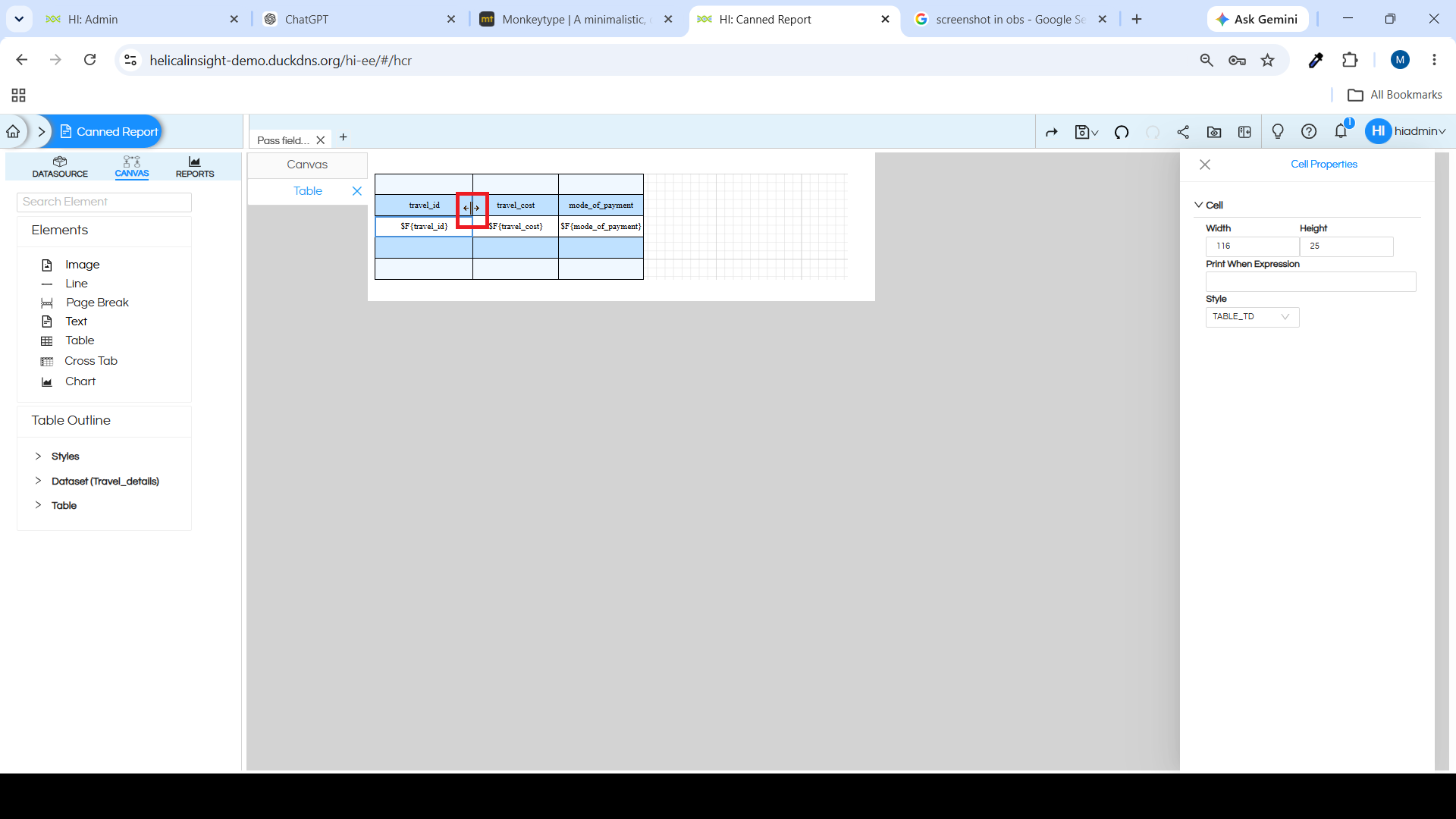 Usage of Table Component in canned Reporting