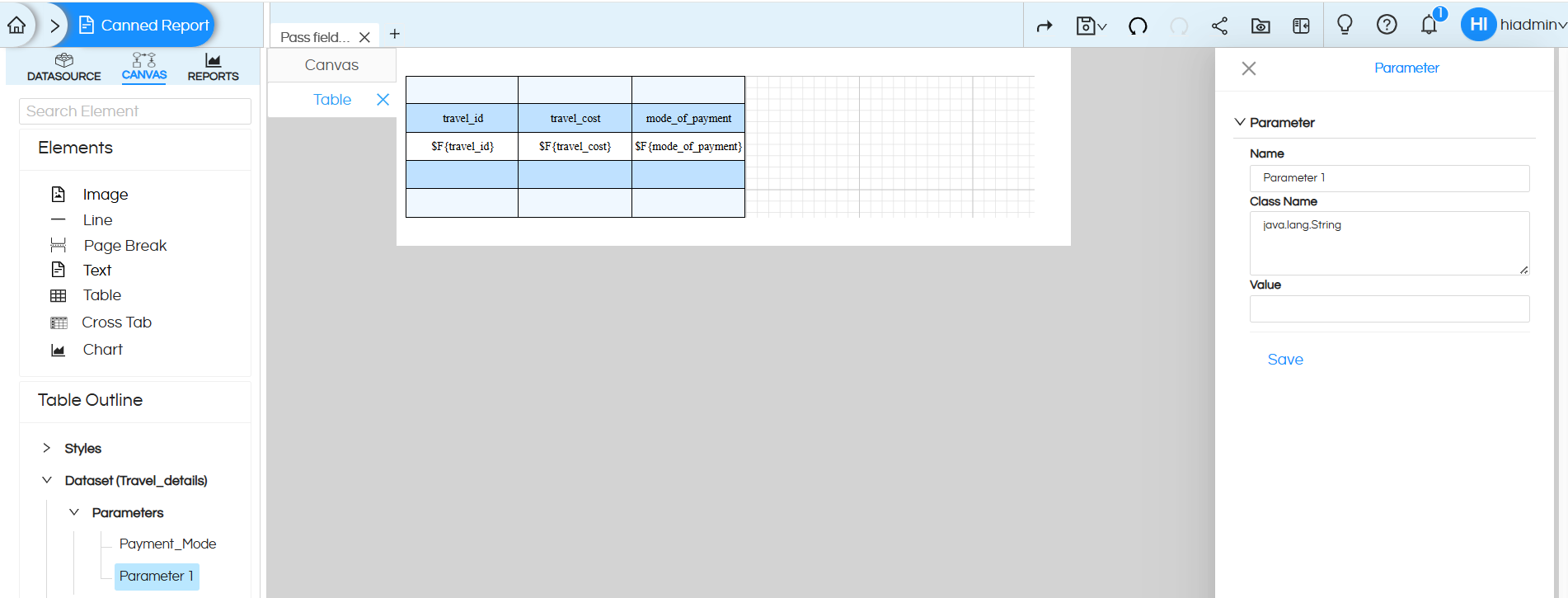 Usage of Table Component in canned Reporting