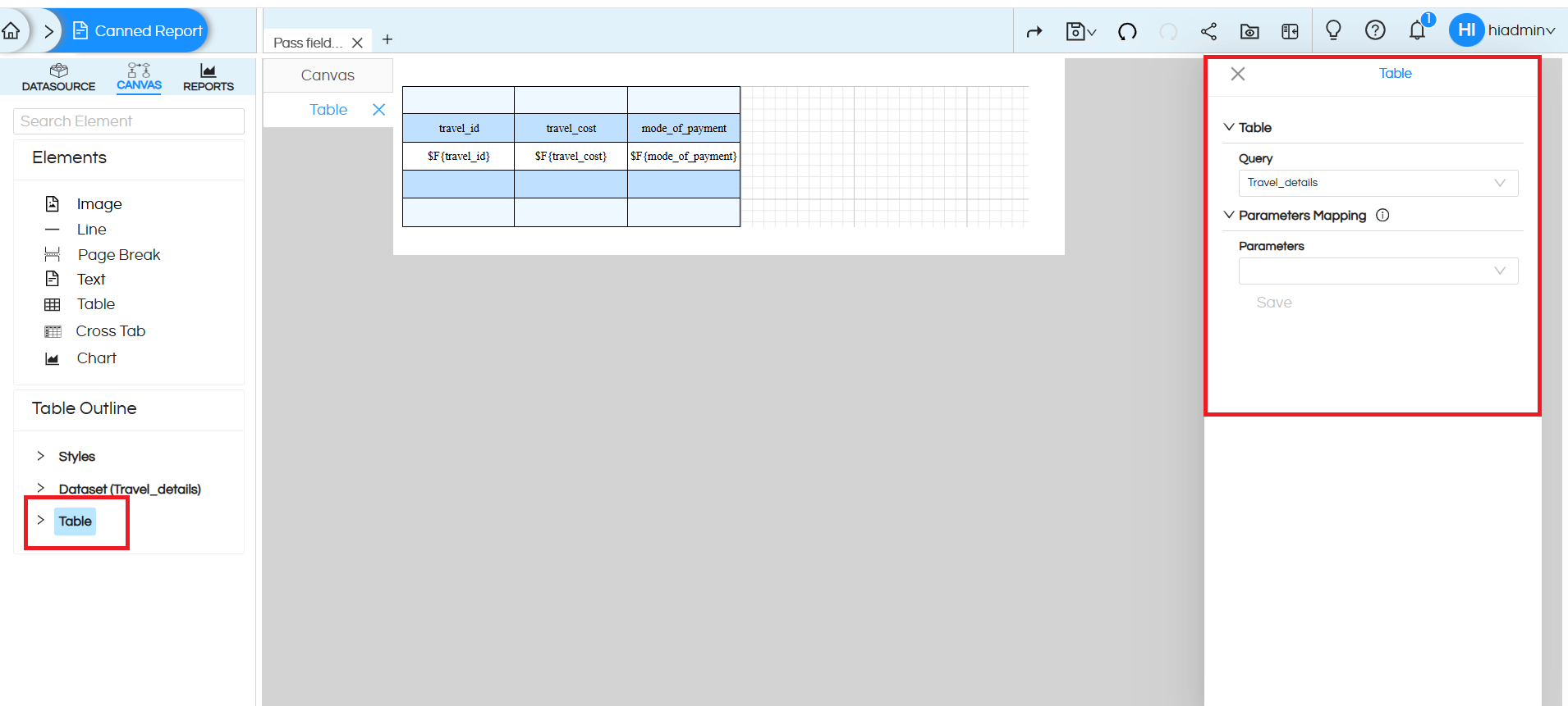 Usage of Table Component in canned Reporting