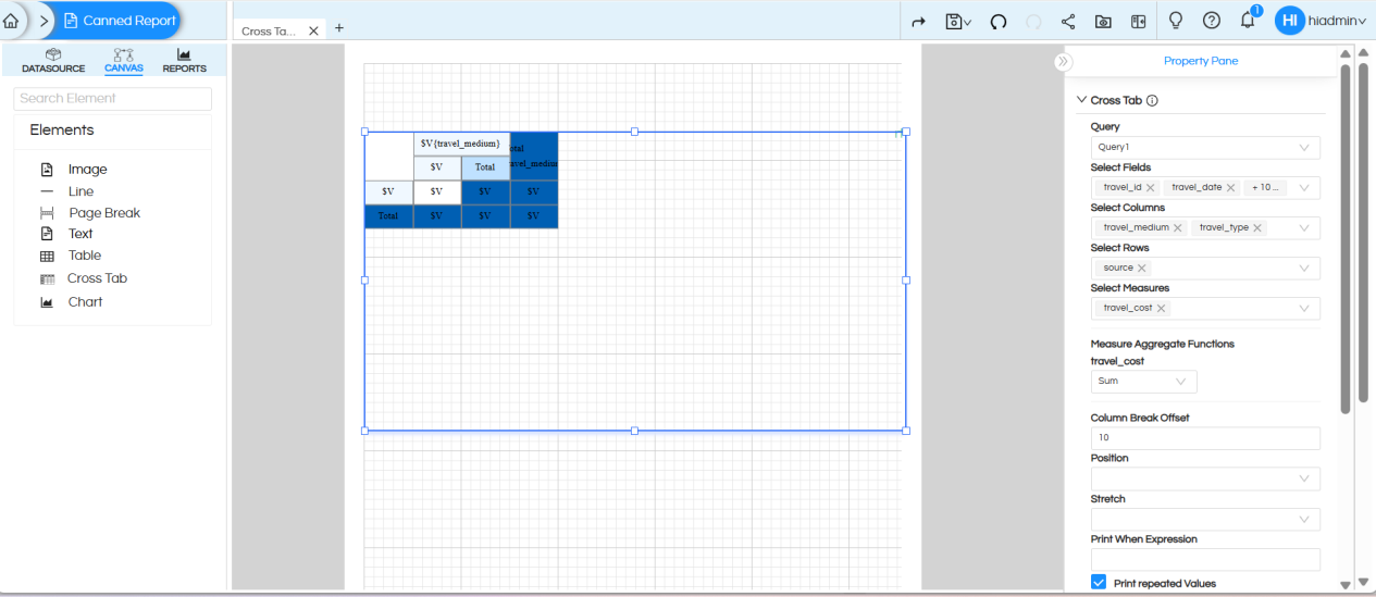 Usage of Crosstab Component in canned Reporting