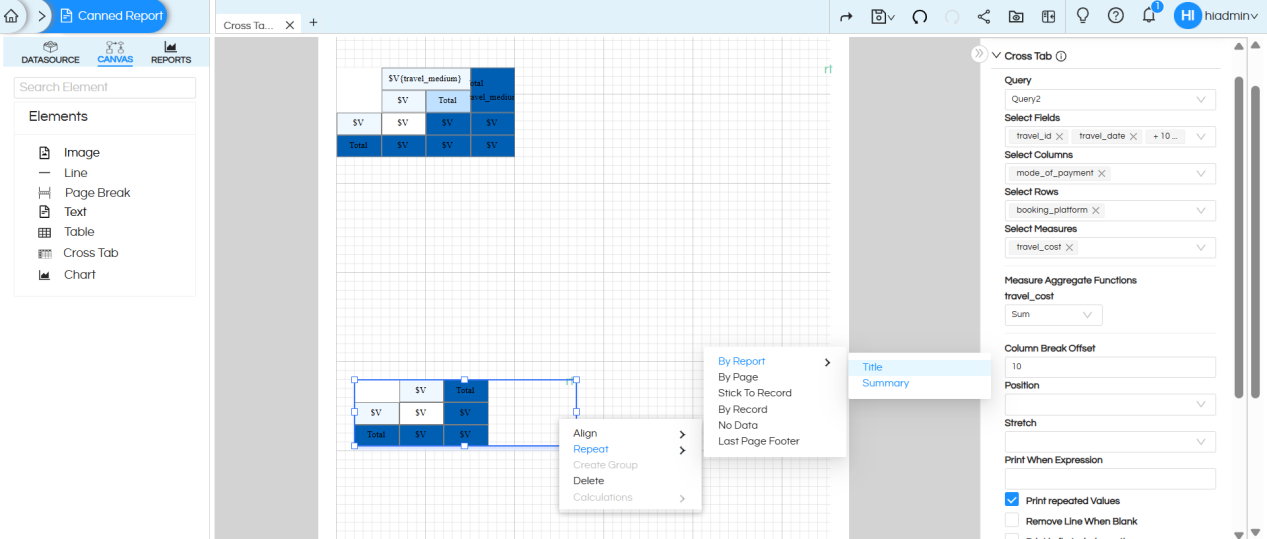 Usage of Crosstab Component in canned Reporting