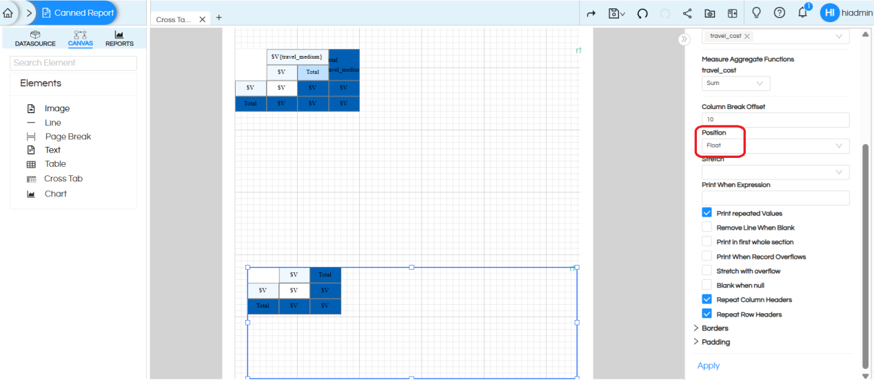Usage of Crosstab Component in canned Reporting