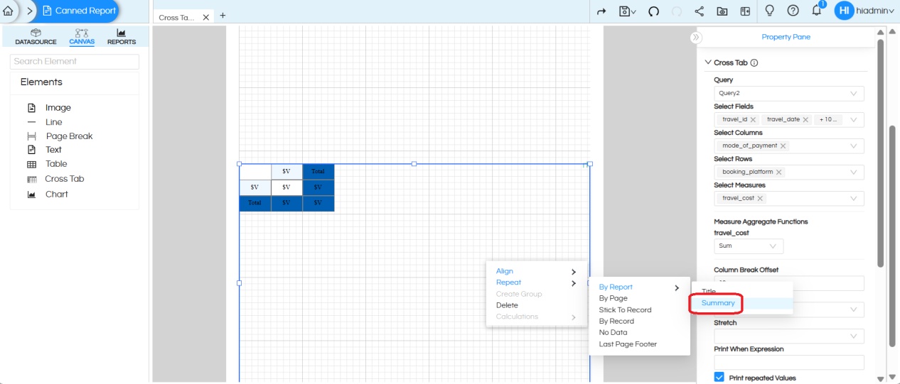 Usage of Crosstab Component in canned Reporting