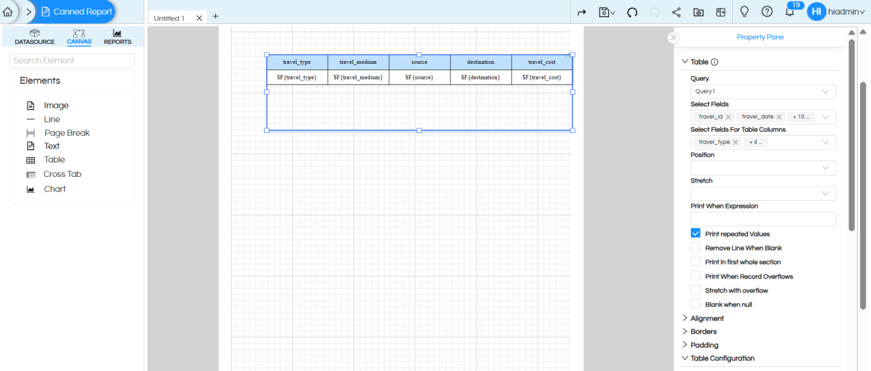 Usage of Table Component in canned Reporting
