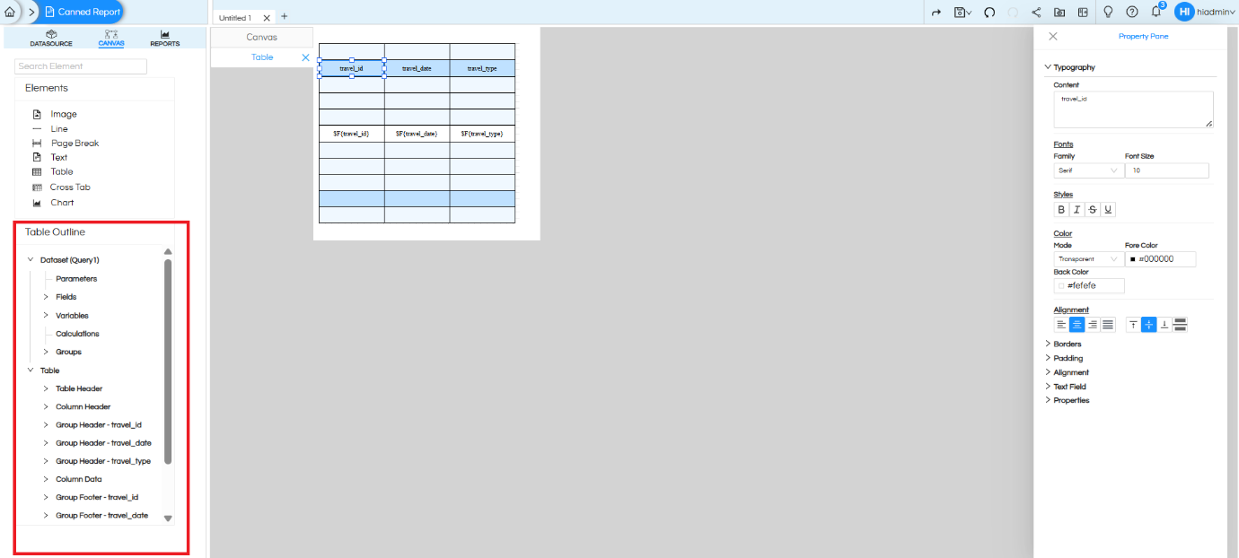 Usage of Table Component in canned Reporting