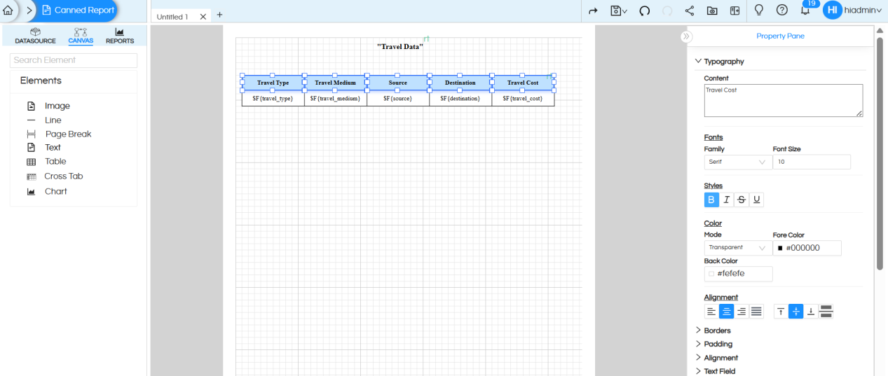 Usage of Table Component in canned Reporting