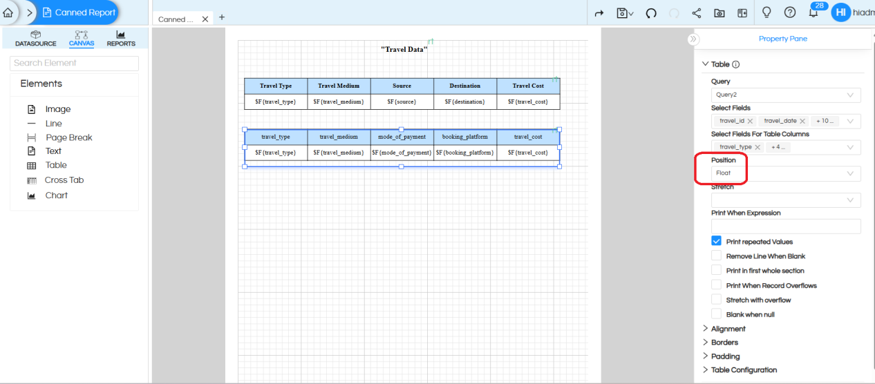 Usage of Table Component in canned Reporting