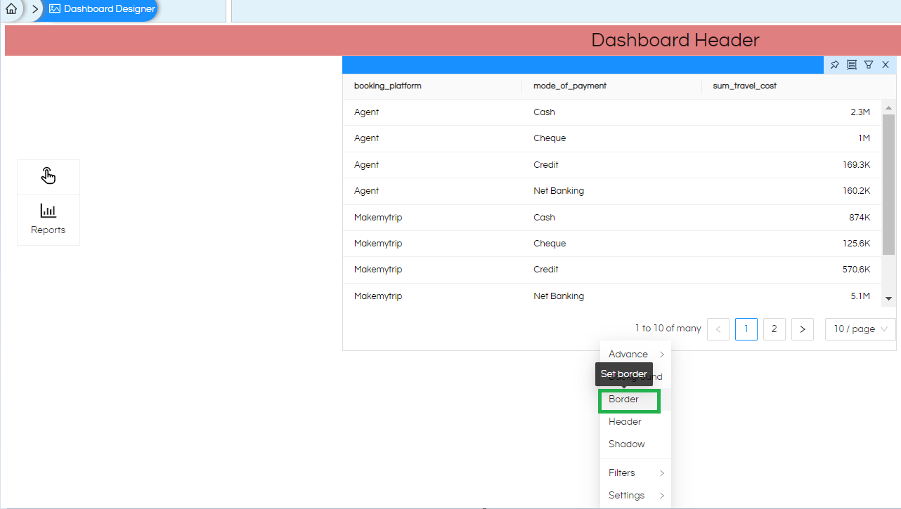 Using Border property in dashboard