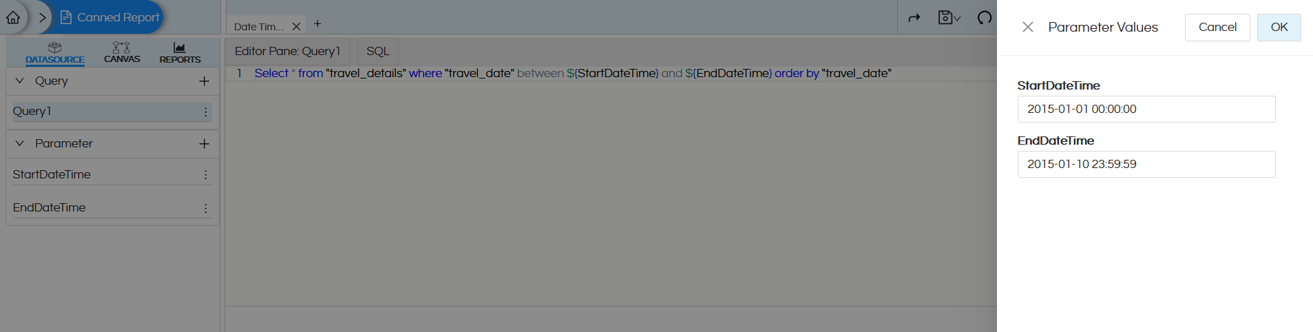 Using Date Time Range Picker As An Input Parameter/ Filter In Canned Reporting