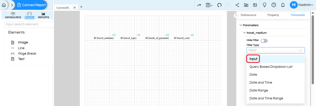 Using Filter/Parameter with input text box to type values in Canned Reporting