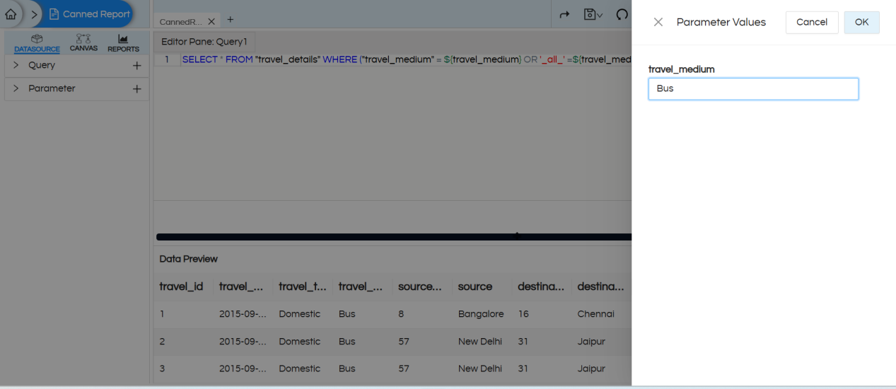 Using Filter/Parameter with input text box to type values in Canned Reporting