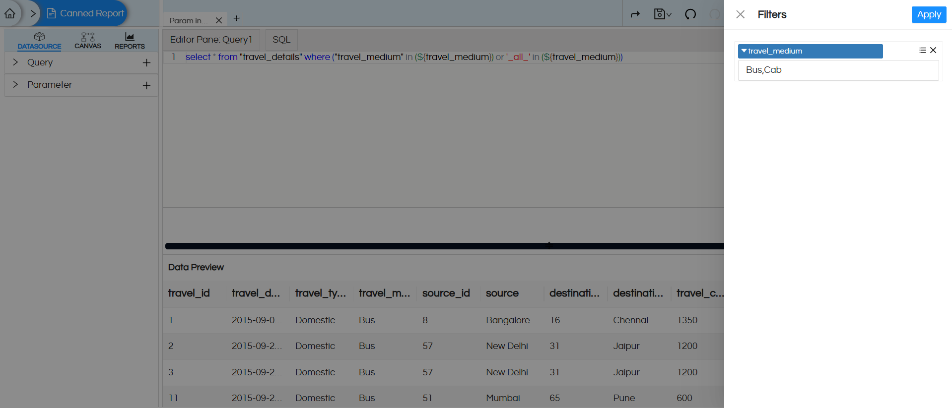 Using Filter/Parameter with input text box to type values in Canned Reporting